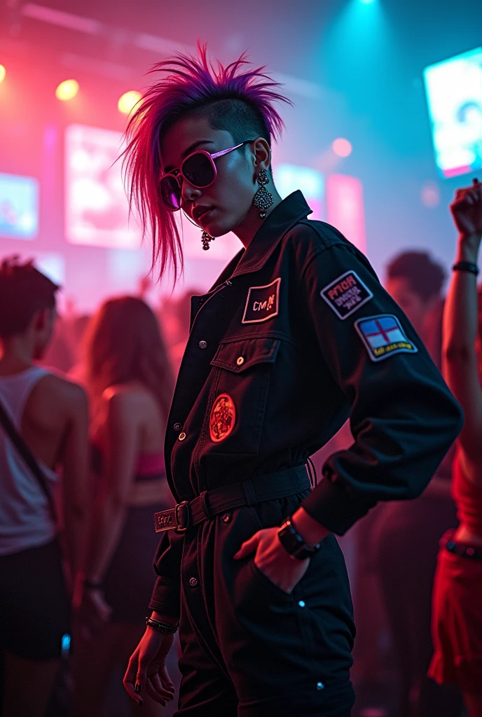 Black workwear jumpsuit、and a costume covered in patches, cyber punk, Mosh Pit, (Highest quality,4K,8k,High resolution,masterpiece:1.2),Live Stage、A woman with a Chinese aesthetic、wearing oversized sunglasses,Punkish hairstyle、Full body portrait、dynamic dancing