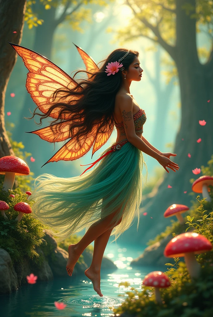 Beauty native Indian looking fairy with brown skin tone and curly hair. She a In fairyland