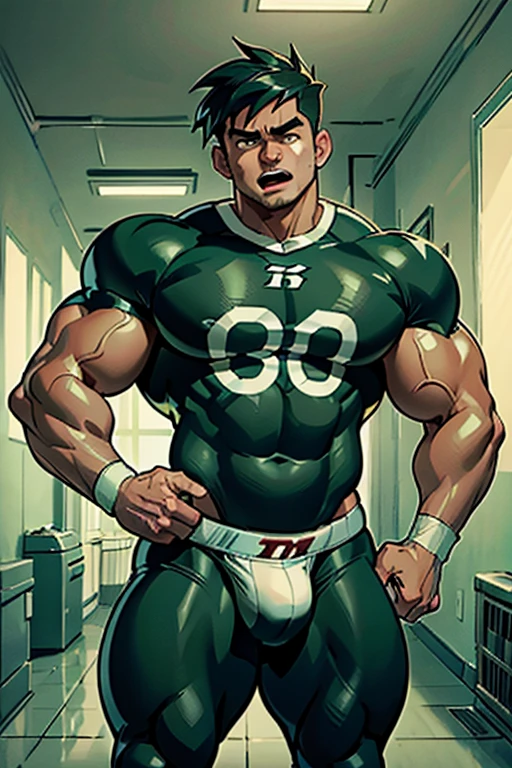 Danny Phantom, ghost, hypnosis, jock, conversion, locker room hallway, hyper muscles, jockstrap, bro, meathead, hypnotized, brainwashed, brainwashing, big dumb jock, football. Danny Fenton is hypnotized by Dash to assimilate and become another dumb cocky smirking fitness-obsessed bodybuilder football jock bro. Glowing green eyes. Hyper crotch bulge. Massive bulging crotch. Big balls. Big biceps. Big triceps. Big traps. Broad shoulders. Big meaty pecs. Big thighs. Thick glutes. Football team assimilation. Black hair. Deep dull voice. glazed expression. dumber and dumber. Open mouth. Clothes turning into a football uniform. Forgetting. Number 16 on his football uniform. IQ drain. Mindless. Brainless. Brute. Brutification. "I feel like I ... I ... I'm a ... I'm a .... Yes, ... just a meathead jock.... just muscle ... and meat.... Bro...."