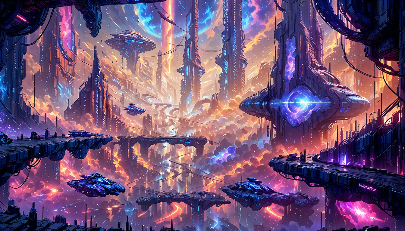 Vibrant nebula cores in the background, futuristc city, a beautiful planet occupying the sky, spaceship hovering over the city
