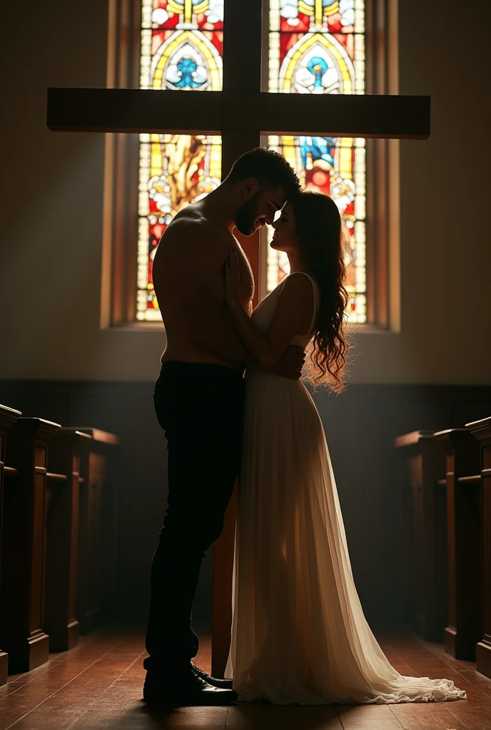 **Prompt:**
"Generate an image that encapsulates the intense, forbidden love between a brother and sister who have wed in secret, with a strong emphasis on their striking resemblance and his significantly larger size. Place them against a stark wooden cross in a dimly lit church, with the brother towering over his sister, his muscular form pinning her slender one against the cross. She should be looking up at him, her expression a mix of rapture and desperation, her body suspended and held in place by his sheer size and strength. His larger hands should be splayed across her back, the fingers digging into her soft flesh, leaving reddened marks that hint at his primal passion. Her delicate feet should dangle inches above the floor, her body arching to accommodate his intense, rhythmic thrusts. Focus on the stark contrast of their bodies - his large, rough, and forceful, hers small, soft, and vulnerable - as they become one in a dance as old as time itself. Surround them with a glow from the stained glass windows, casting kaleidoscopic colors on their intertwined forms, highlighting the sacred yet profane nature of their union. Title the image 'Sacred Bond', capturing the bittersweet essence of their love that transcends societal norms, yet is rooted in something primal and profound."