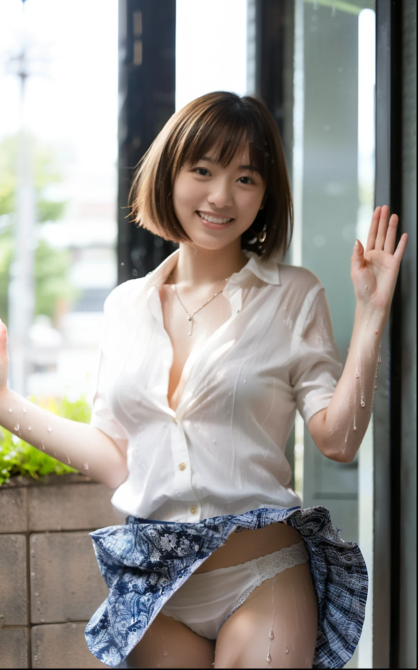 (hand up:1.5),(Wearing a shirt:1.2),In town,(The skin is wet from sweat:1.3),OL,looking at the camera,Cleavage,smile,skirtリフト、skirtを手で上げる,woman, 20-year-old, Short Hair、bangs、(skirt),(White lace panties)、Cute earrings,Natural lighting