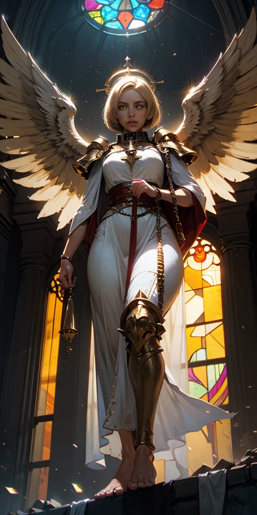 low angle, from below, paladin templar lady in white tabard, legwear, glowing yellow eyes, collar, golden chainmail, wide hips, barefoot, angel wings, pauldrons, halo, bob cut, blonde, eye focus, red cape, temple indoors, decorations, stained glass windows, night, particles, chromatic aberration, detailed, cinematic, dark scene, fantasy