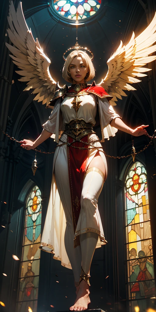 low angle, from below, paladin templar lady in white tabard, legwear, glowing yellow eyes, collar, golden chainmail, wide hips, barefoot, angel wings, pauldrons, halo, bob cut, blonde, eye focus, red cape, temple indoors, decorations, stained glass windows, night, particles, chromatic aberration, detailed, cinematic, dark scene, fantasy