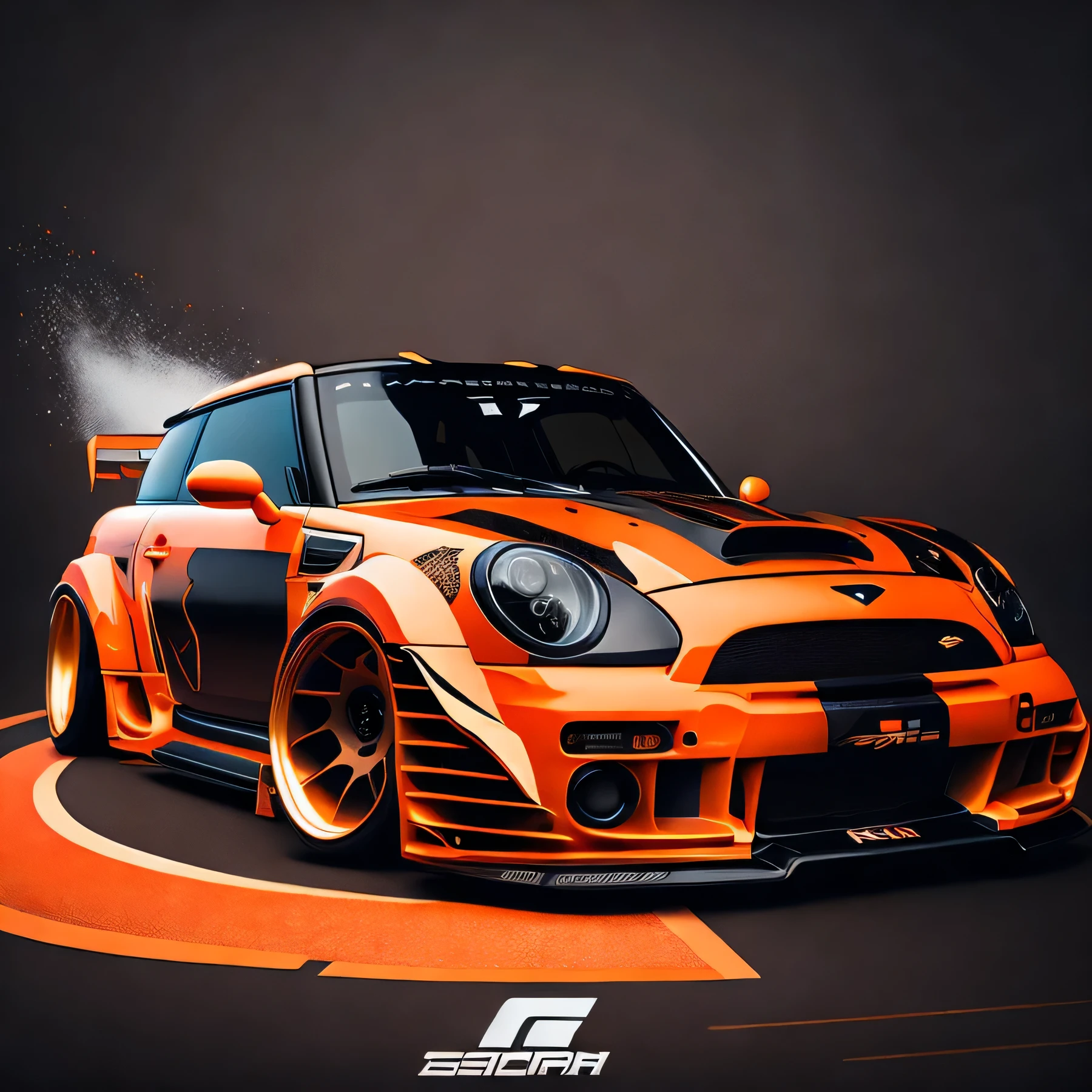 Zephyr Designz circlular splash style Artwork for t-shirt graphic design a race track inspired graphic design front profile shot R53JCW Mini Cooper S volcanic orange colour scheme, Zephyr Designz carbon fibre body kit design, Liberty walk ultra wide body kit, aggressive stance (background: racetrack, outside old industrial style building bright sky, heavy industrial look), 8K quality, realistic, realism, sharp, detailed, ultrawide, ,epic ultra wide body kit, super low stance, aggressive looks , vector image