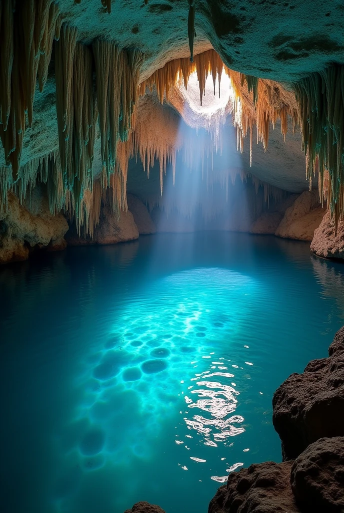 A cave with a beautiful lake with a cenote