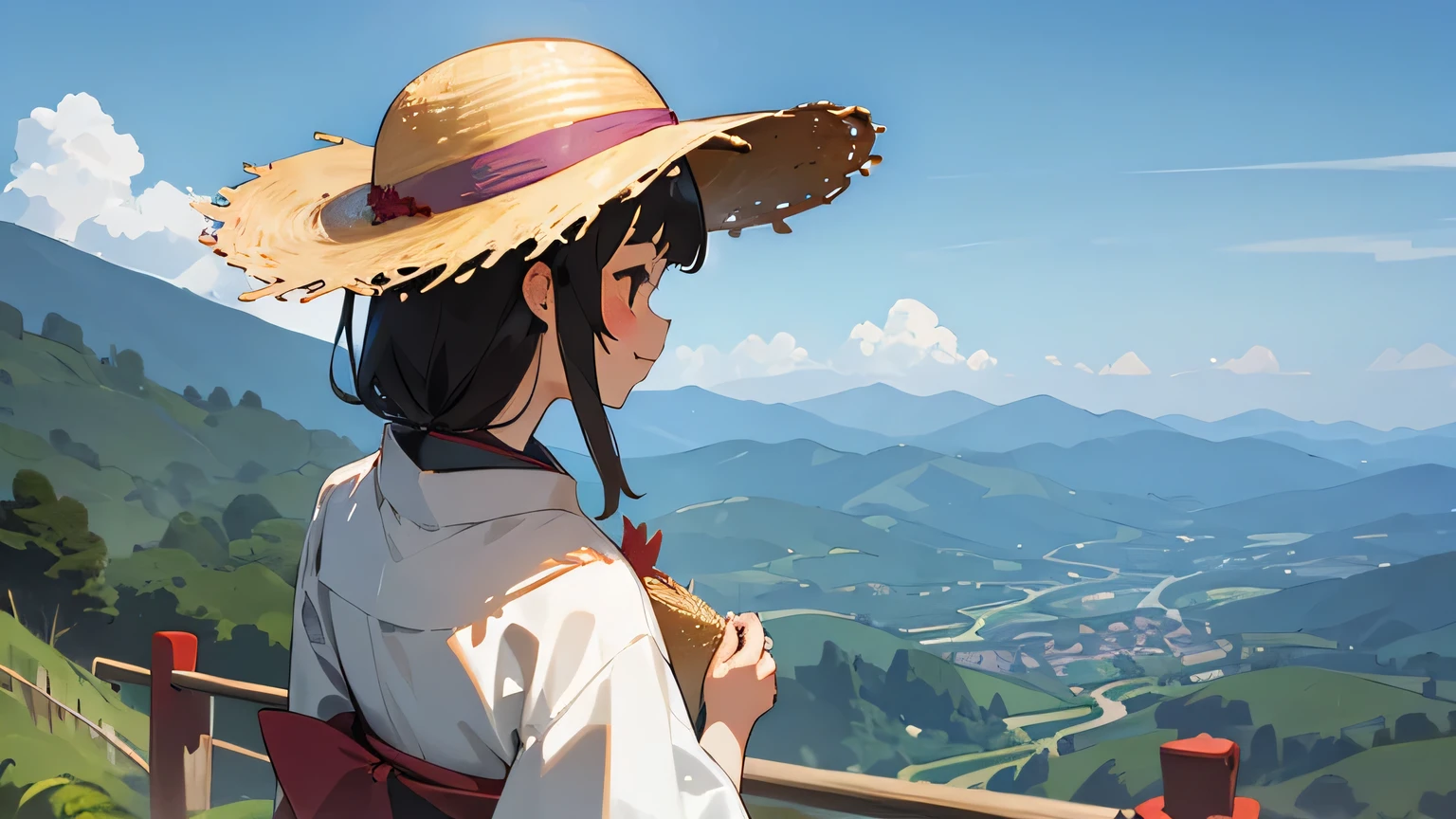 summer,mountain,nature,smile,kimono,japanese girl,straw hat,back view
