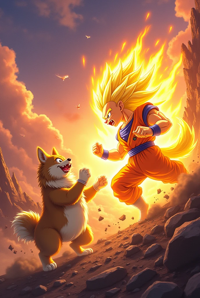 Make a drawing of Cheems and Doge Super Saiyan but make it like the last scene of Goku and Vegeta in the Broly saga where they are fighting. 