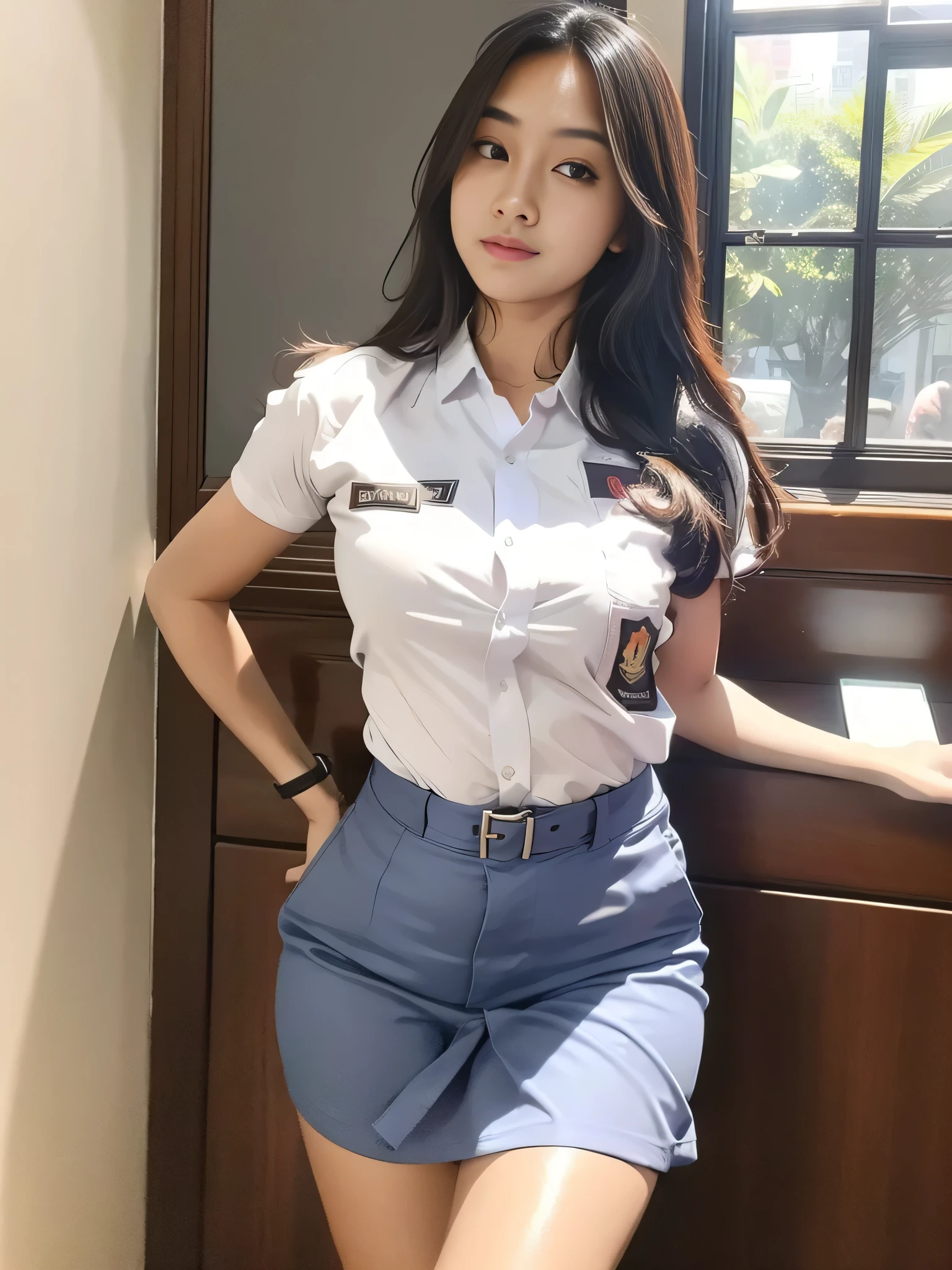 1girl, solo, (Indonesian_high_school_uniform), office, bright light, detailed face, detailed eyes, amazed face expression, wide view, large breasts, semi-curvy, smooth realistic skin, hands behind back, looking at viewers, wearing white shirt, wearing grey blue very short miniskirt, (8k, RAW photo, best quality, masterpiece: 1.2), (realistic, realistic: 1.5), ultra-high resolution