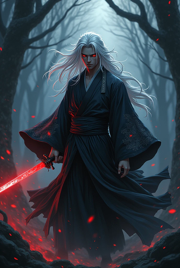 Male character from the anime Demon Slayer, White hair, Eyes red, skin black, half red nichirin sword, full body kimono robe 