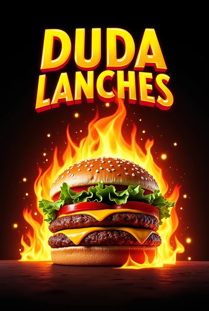 Loga brand "DUDA LANCHES" written in yellow and red, black background, with a drawing of a delicious hamburger surrounded by flames of fire