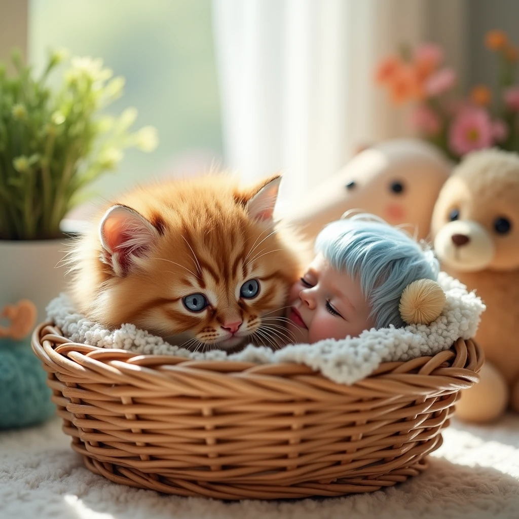 A caramel Persian kitten with bright blue eyes in a beautiful basket with a baby girl with blue hair