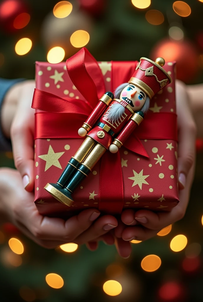 An open Christmas gift box being held by two hands, with a nutcracker inside the box with the top view