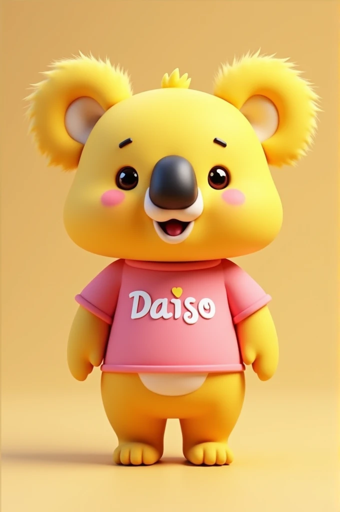 Create both a 3D render and a 2D illustration of a cute and cheerful yellow koala mascot for a store named 'Daiso'. The koala should have large, expressive eyes and a friendly smile. In both versions, it should be wearing a pink shirt with the hex color code #9e0d5c, and the 'Daiso' logo in bold white letters prominently displayed on the front. I am providing the Daiso logo as an image reference to ensure accuracy and consistency. The 3D model should have a soft, plush texture to appear huggable and inviting, with rounded, smooth features, and vibrant colors. The 2D illustration should be cartoonish with rounded features, vibrant colors, and a simple, playful design. The 3D version should have soft, even lighting to create a warm and welcoming atmosphere, while the 2D version should have a clean, simple background to keep the focus on the mascot. Ensure both versions maintain a consistent style and color palette, making the koala appear equally charming and approachable in both dimensions.