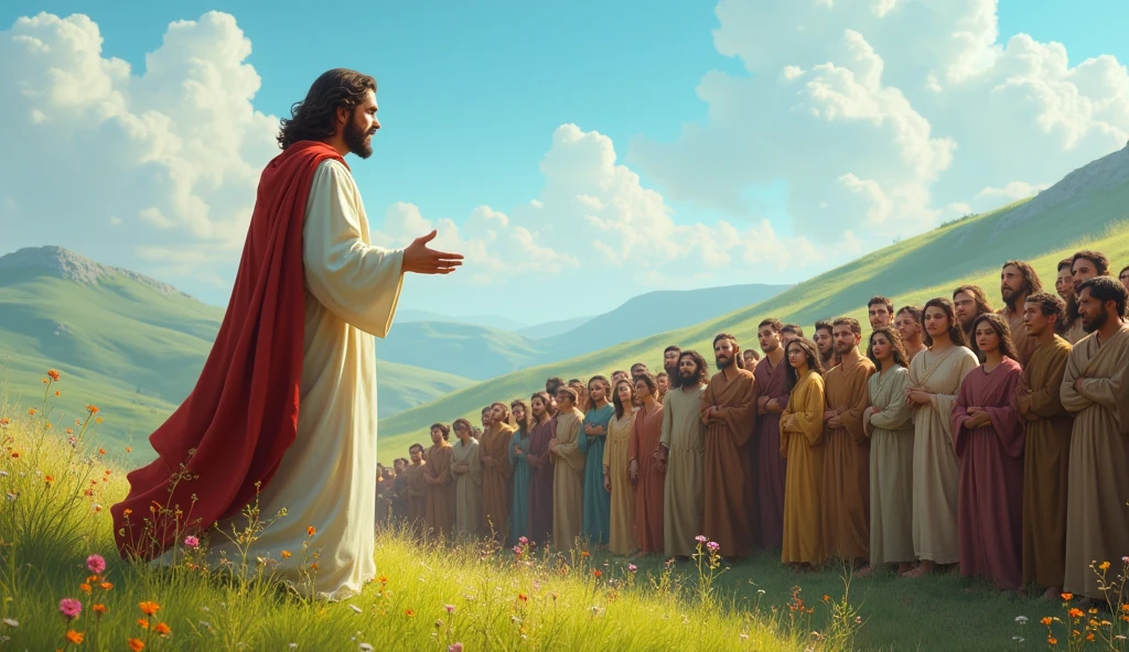 Jesus telling parables in the midst of a crowd, sermon on the mount, (1920x1080, 4K, Realistic Scene)