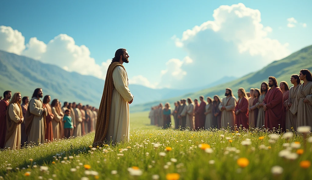 Jesus telling parables in the midst of a crowd, sermon on the mount, (1920x1080, 4K, Realistic Scene)