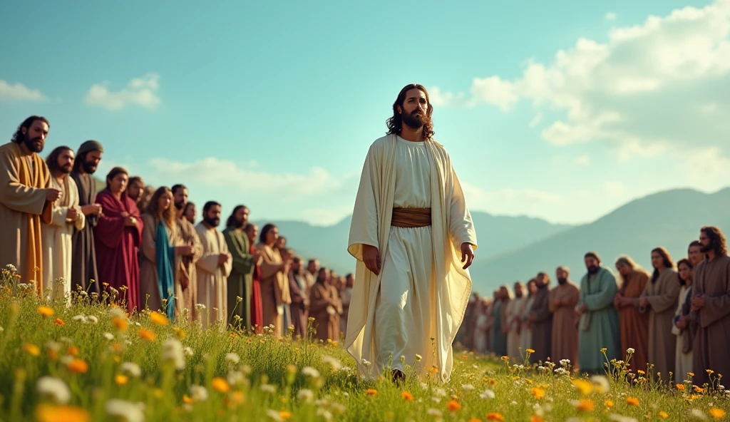 Jesus telling parables in the midst of a crowd, sermon on the mount, (1920x1080, 4K, Realistic Scene)
