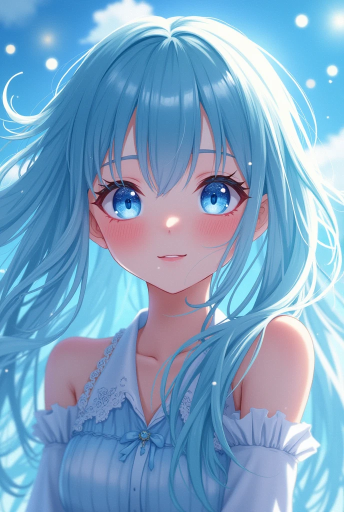 Japanese hairstyle, Crystal-like hair, Wet Hair, Hair blowing in the wind, Very long hair, Hide your ears, smile, Blushing, blue eyes, First Person View, Sparkle Effect, Illustration, 