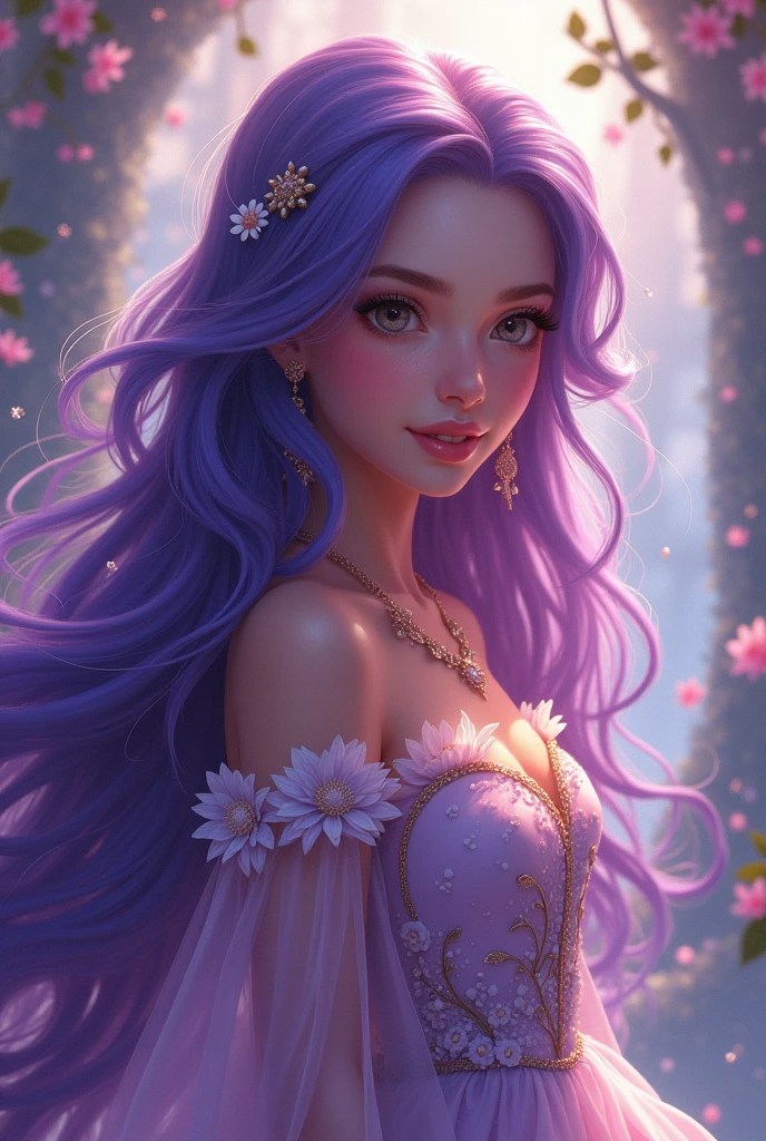 (((work of art))), best qualityer, illustration, 4 k wallpaper, cinematic light, absurderes, portrait painting of 1girl, long hair, purple crystal hair, shiny hair, flowery, princess of trapois, looking straight ahead, fully body