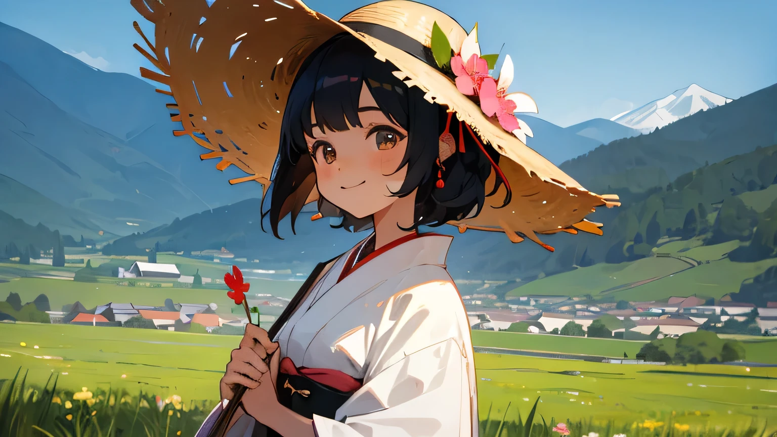 summer,mountain,nature,smile,kimono,japanese girl,straw hat,holding flower