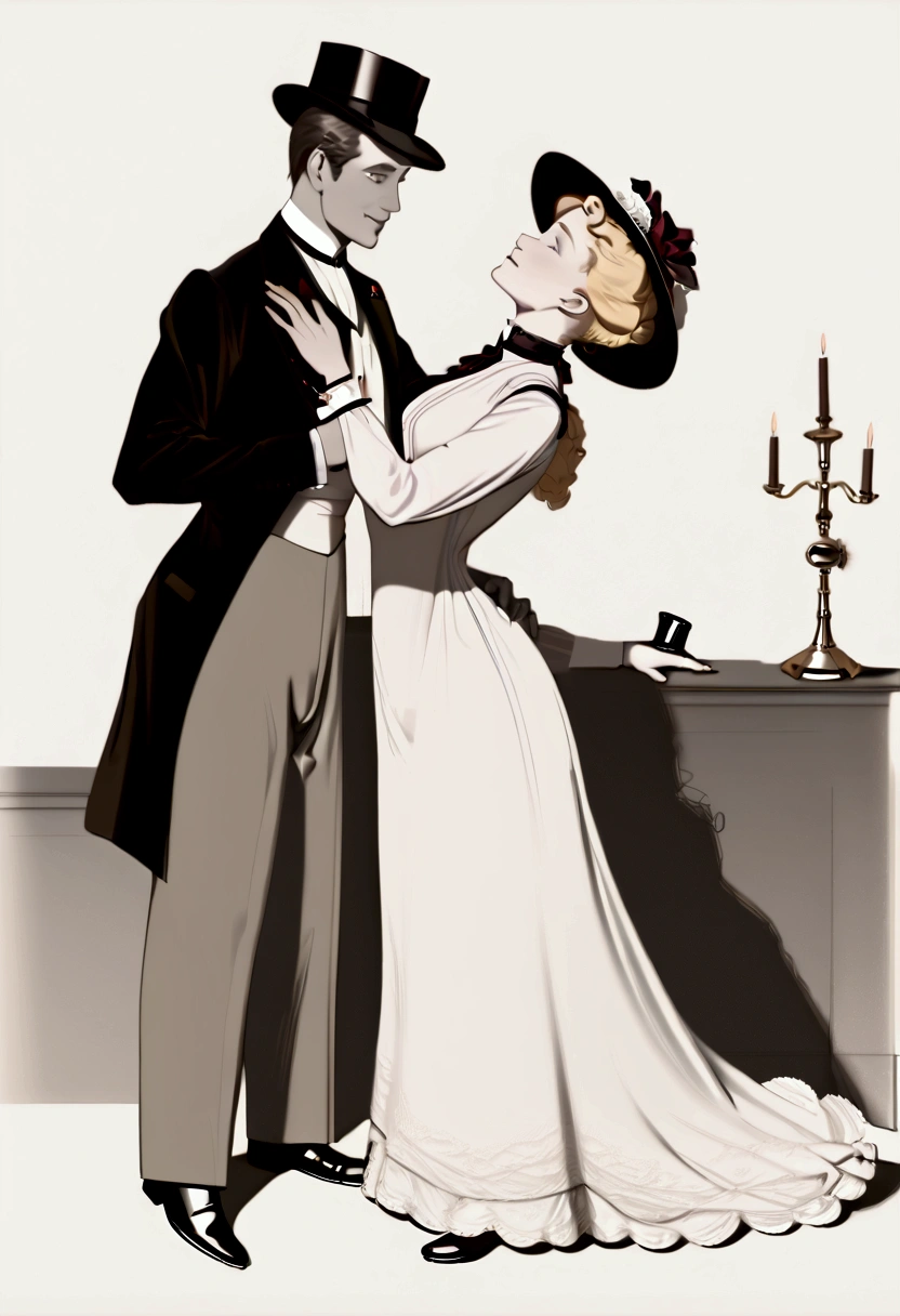 Year 1901. (((1man, 1girl:1.5))). A gorgeous thotty **** blonde Gibson Girl ((having sex:1.5)) with an aged horny 69yo white-haired gentleman. 1900_dress. (((NSFW.))) Man one head taller than girl. Girl wearing high-collar long sleeve dress, wide-brimmed hat