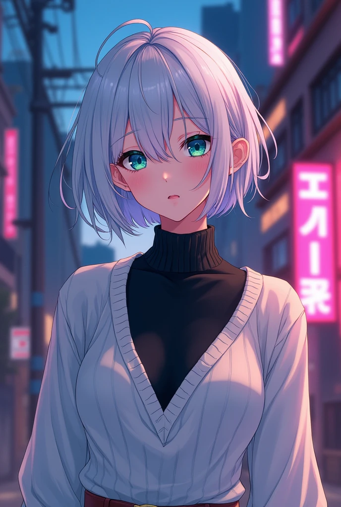 anime style, young adult woman, with one blue eye and one green eye, short white hair.
She is wearing a visible black turtleneck blouse and a white V-neck sweater.. 

