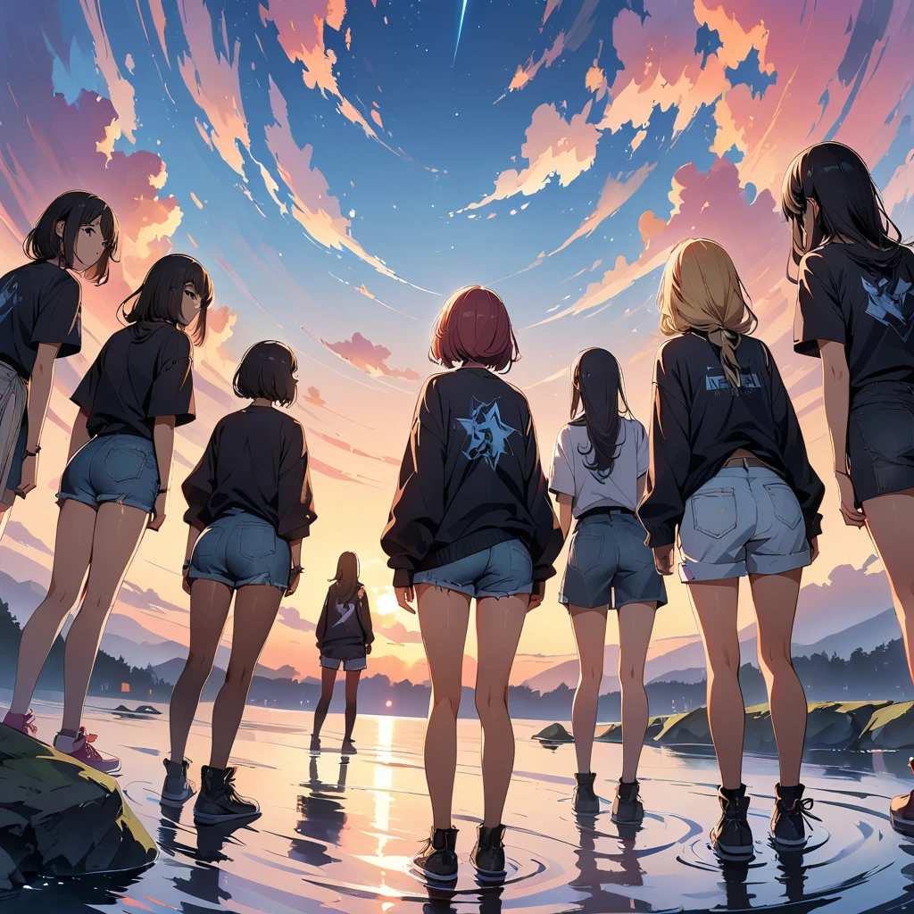 official art, unified 8k wallpaper, super detailed, masterpiece, Best image quality，super wide angle，evening，(five slim girls are standing side by side:1.6), (standing far away:1), black t-shirt and jeans shorts, rock stars, Standing in the pond, water is like a mirror，reflecting the sky。look up to the sky，Colorful sunset，Dynamic angle, grace, bright colors, from behind
