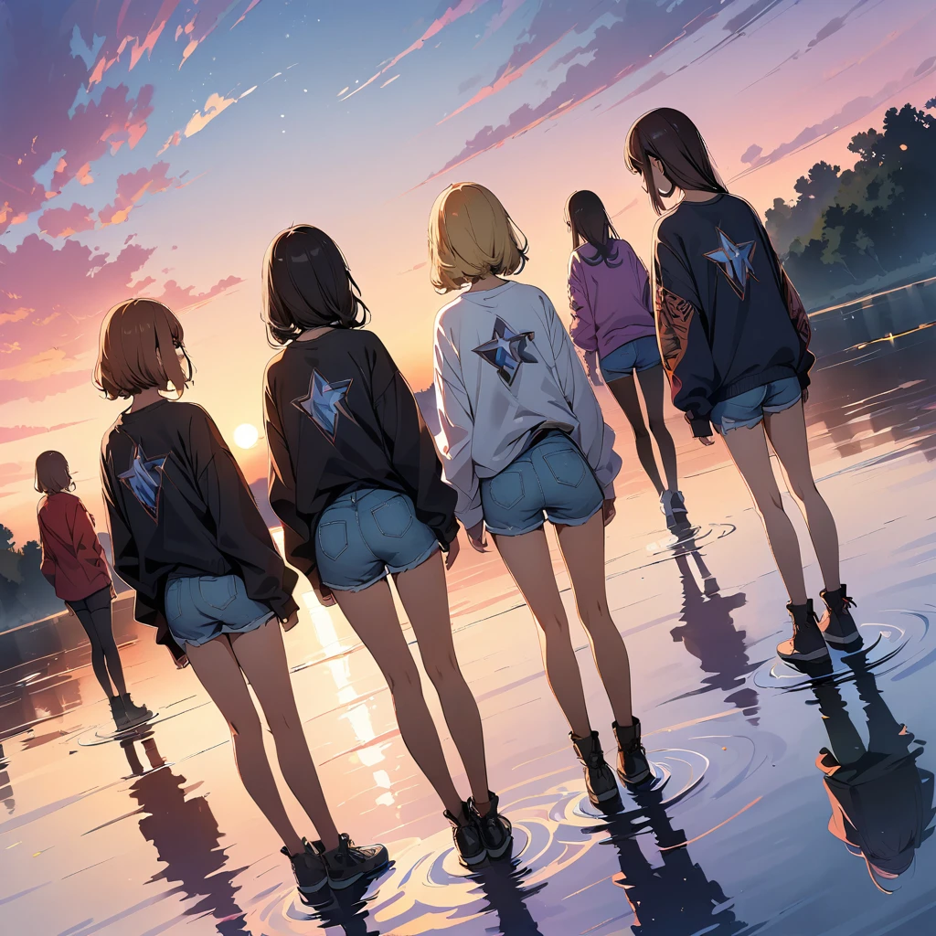 official art, unified 8k wallpaper, super detailed, masterpiece, Best image quality,super wide angle,evening,(five slim girls are standing side by side:1.6), (standing far away:1), black t-shirt and jeans shorts, rock stars, Standing in the pond, water is like a mirror,reflecting the sky。look up to the sky,Colorful sunset,Dynamic angle, grace, bright colors, from behind