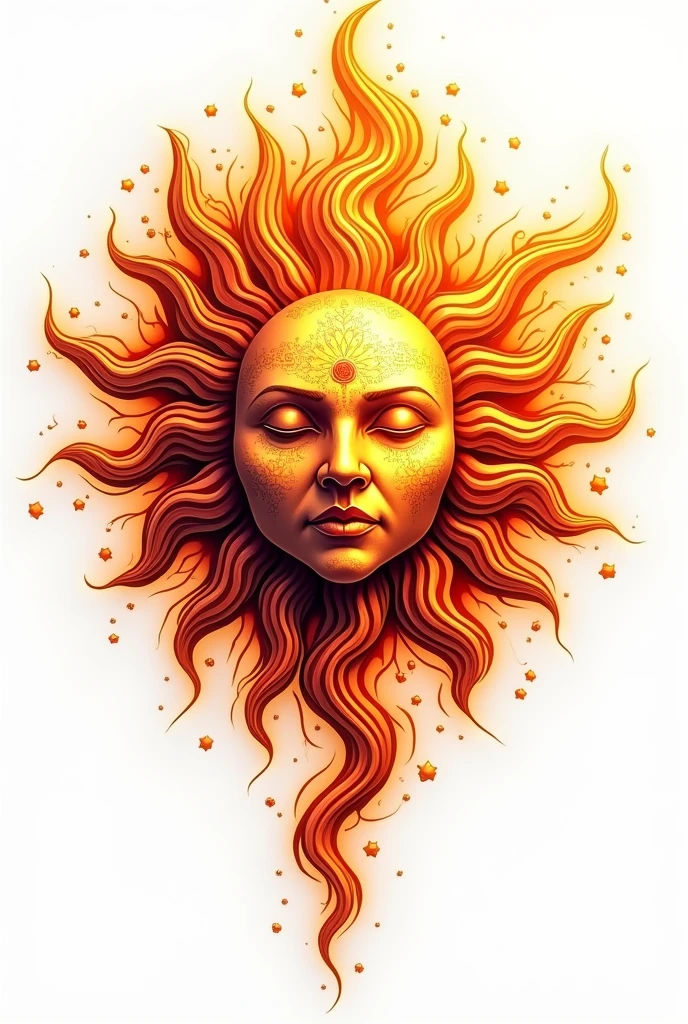A sun tattoo with fire on a white background