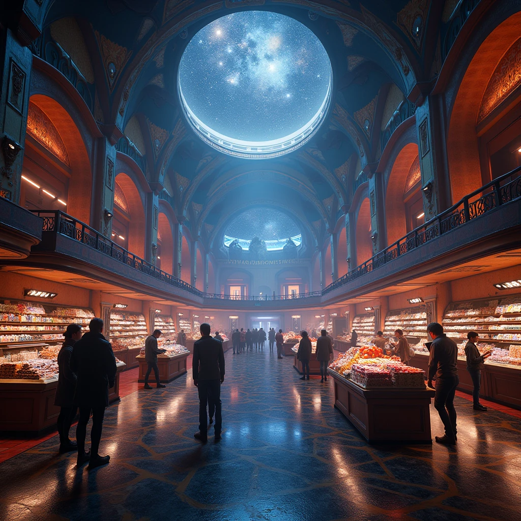 the most majestic, futuristic and beautiful palatial cinema at the end of the universe, biblical, technologically advanced, busy and bustling with species from all over the galaxy, all sorts of exotic products being bought and sold, professional photography, meticulously detailed, enigmatic, high fidelity, high definition