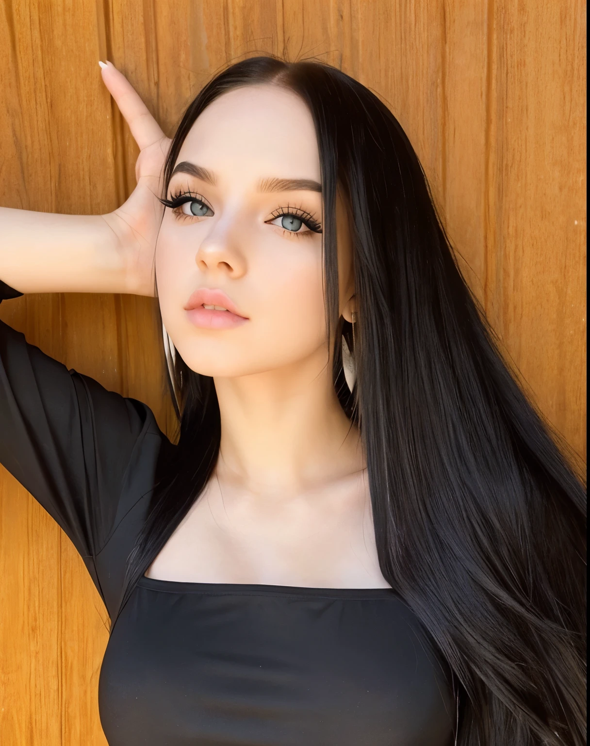 blonde woman with long hair and piercings posing for a photo, with black long hair, with long black hair, perfect white haired girl, ava max, tifa lockhart with black hair, pale porcelain white skin, anime girl in real life,  with black hair, extremely black hair, very black hair, with long black hair, her hair is black