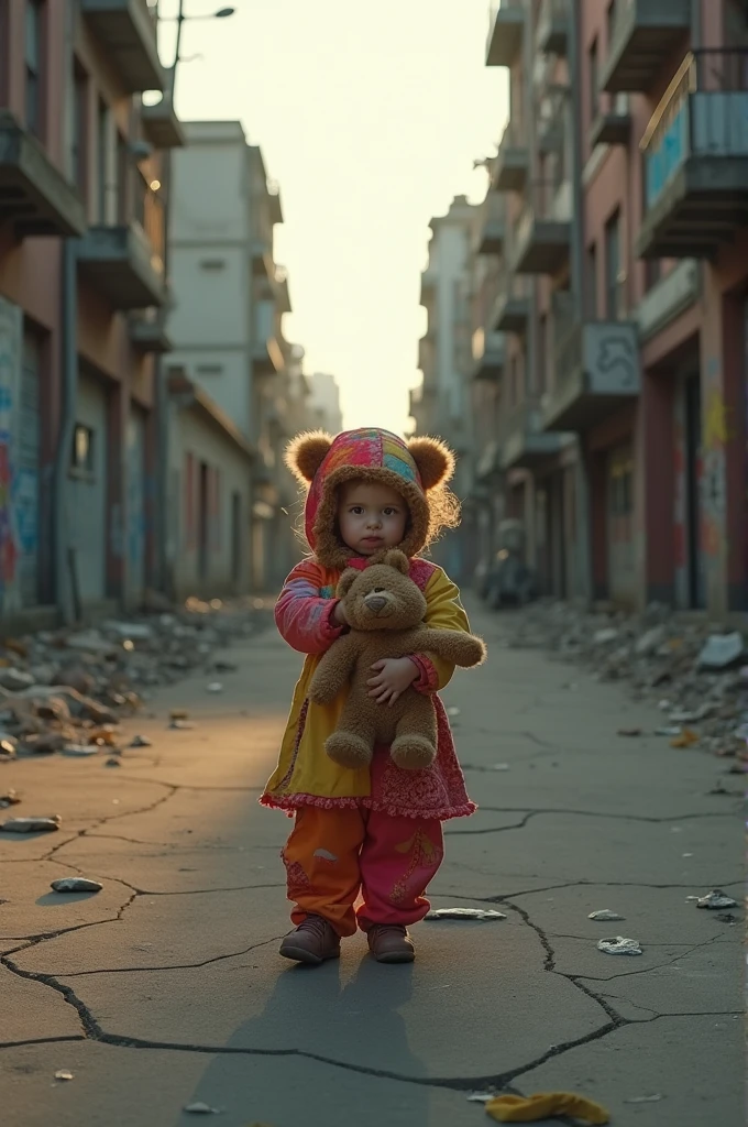In the abandoned colorless city, a brightly colored holds a doll bear in the dusk background