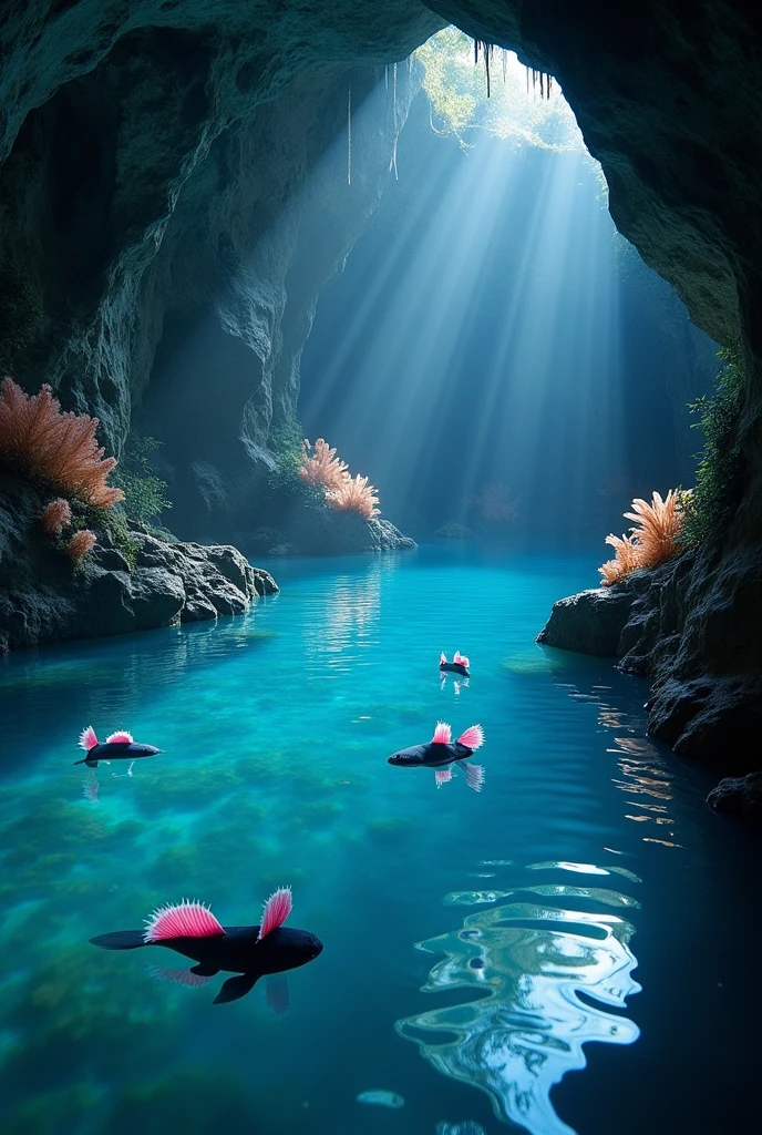 A cave with a beautiful lake with axolotl