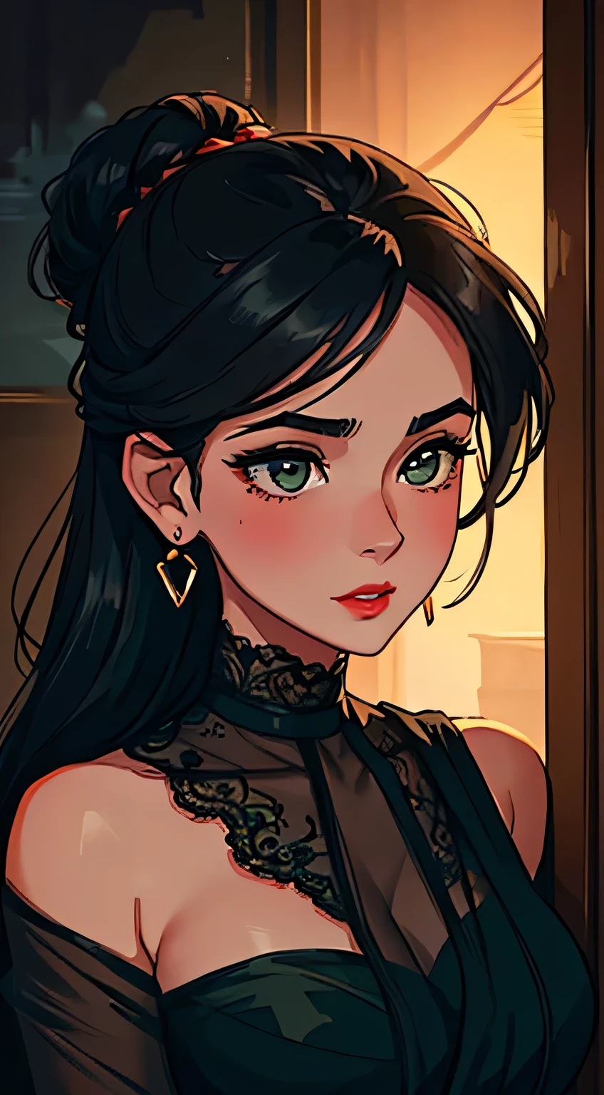 Amazing portrait of a woman who is 30 years old and an adult and a sexy woman with a beautiful face emphasized by amazing makeup and beautifully detailed eyes with perfect lips wearing her black hair in a messy bun blushing intensely as she's flustered and lustful wearing some elegant earrings and a black blouse paired with a sheer dark green saree making her look hot with vibrant colors and soft lighting during night time with soft lighting showcasing her red lips and her beautiful face in detail and close up