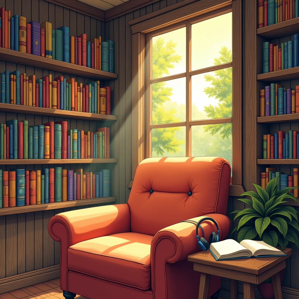 Create a vibrant and engaging illustration that captures the essence of "Books & Audiobooks." The scene should feature a cozy reading nook filled with an array of colorful books stacked on shelves, alongside a comfortable armchair. Include a pair of headphones resting on a nearby table, symbolizing audiobooks. Sunlight should filter through a window, casting warm light on the pages of an open book. The atmosphere should evoke a sense of tranquility and joy, inviting viewers to immerse themselves in the world of literature.Write the title Books & Audiobooks on the image.