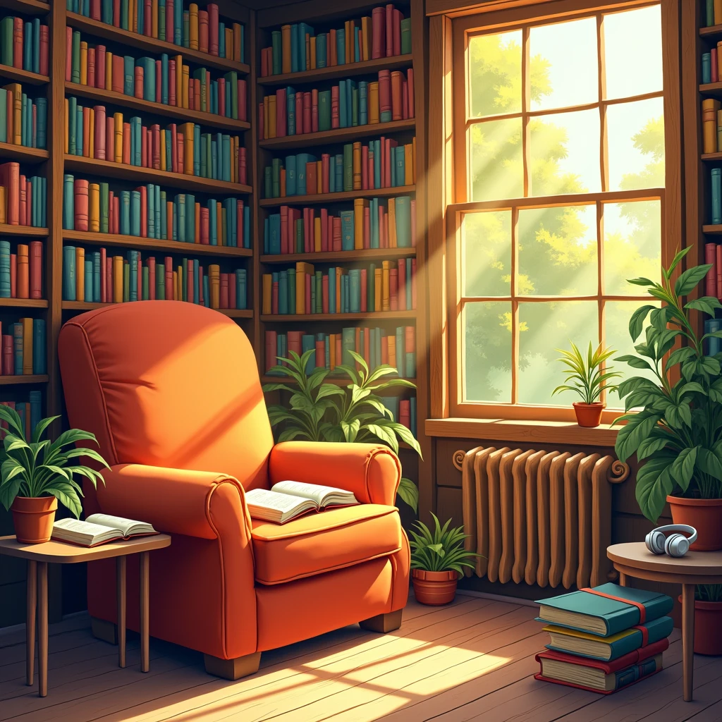Create a vibrant and engaging illustration that captures the essence of "Books & Audiobooks." The scene should feature a cozy reading nook filled with an array of colorful books stacked on shelves, alongside a comfortable armchair. Include a pair of headphones resting on a nearby table, symbolizing audiobooks. Sunlight should filter through a window, casting warm light on the pages of an open book. The atmosphere should evoke a sense of tranquility and joy, inviting viewers to immerse themselves in the world of literature.Write the title Books & Audiobooks on the image.