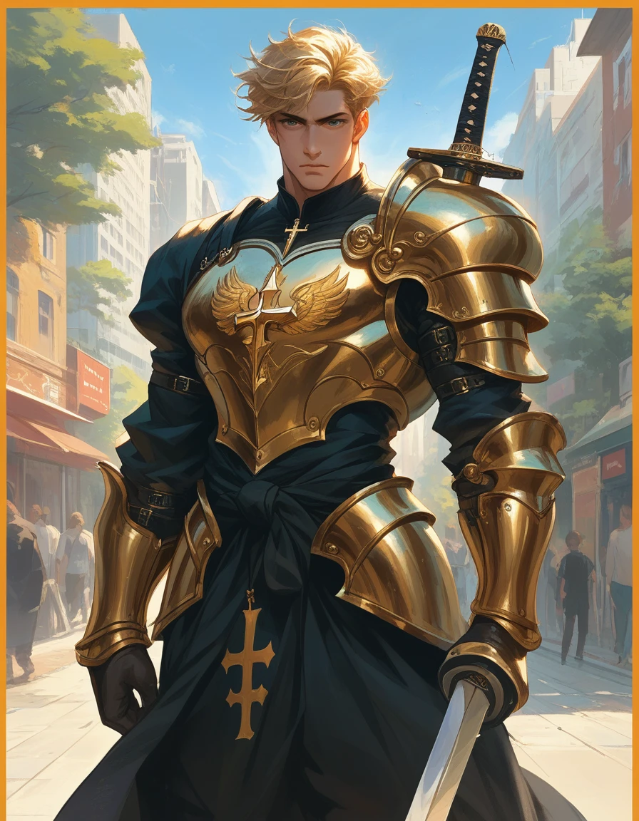 Image is a high-quality, stylized photograph featuring a muscular man standing in the middle of a city street. He is dressed in a shiny, gold-colored armor that covers his shoulders, chest, and legs, with intricate designs. He holds a sword in his right hand. The man has short, blonde hair and a serious facial expression. His skin is fair, and his physique is highly defined. The background shows a cityscape with buildings, trees, and a clear sky, suggesting a sunny day. The image has a yellow border, adding a distinct frame to the photograph. A logo is emblazoned on the armor's chest plate, featuring a stylized cross and the letters 'IG' in a gothic font. The text "Artvision1999" is written in a smaller, italicized font, surrounding the image in a circular or oval shape, blending seamlessly with the yellow border.