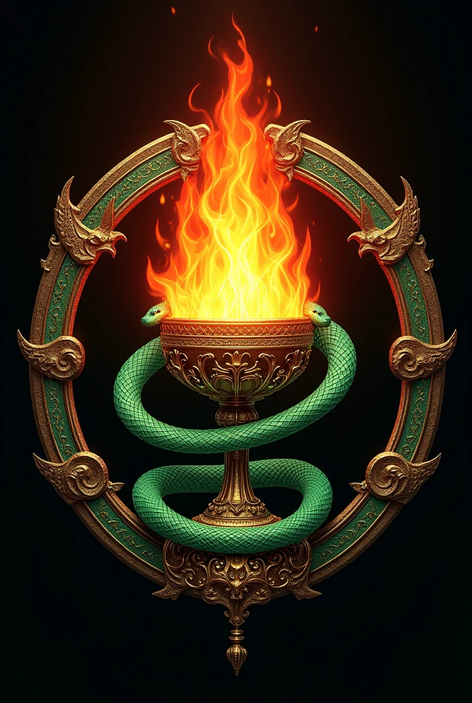 An emblem depicting a snake in front of a flaming goblet.