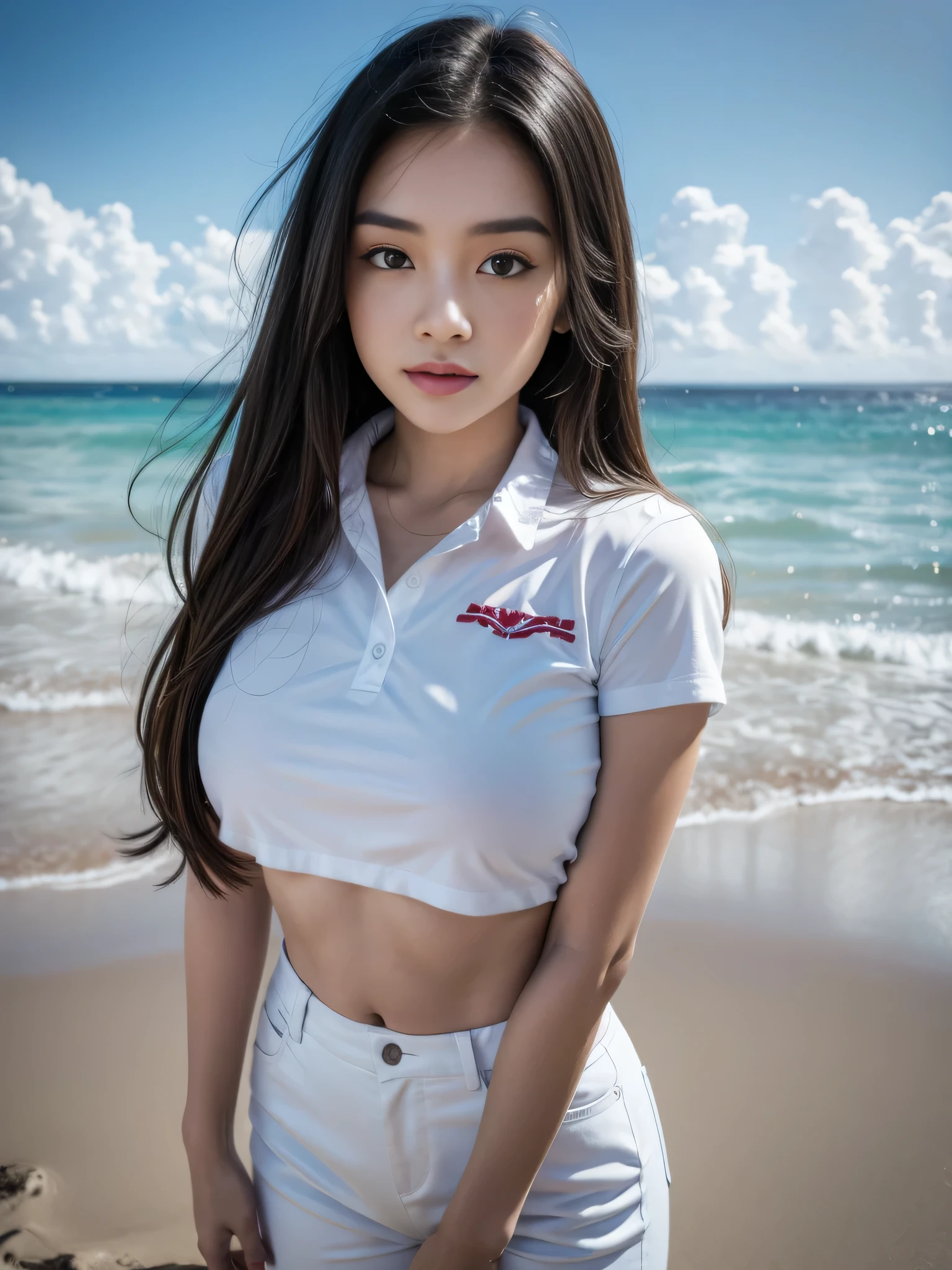 1girl, solo, (uniform), standing, at the beach, beautifully ocean scenery, detailed cute face, detailed eyes, thick medium breasts, smooth realistic skin, red latex shirt, white latex hot pants, looking at the audience, low angle shot,(8k, RAW photo, best quality, masterpiece: 1.2), (realistic, realistic: 1.37), ultra-high resolution
