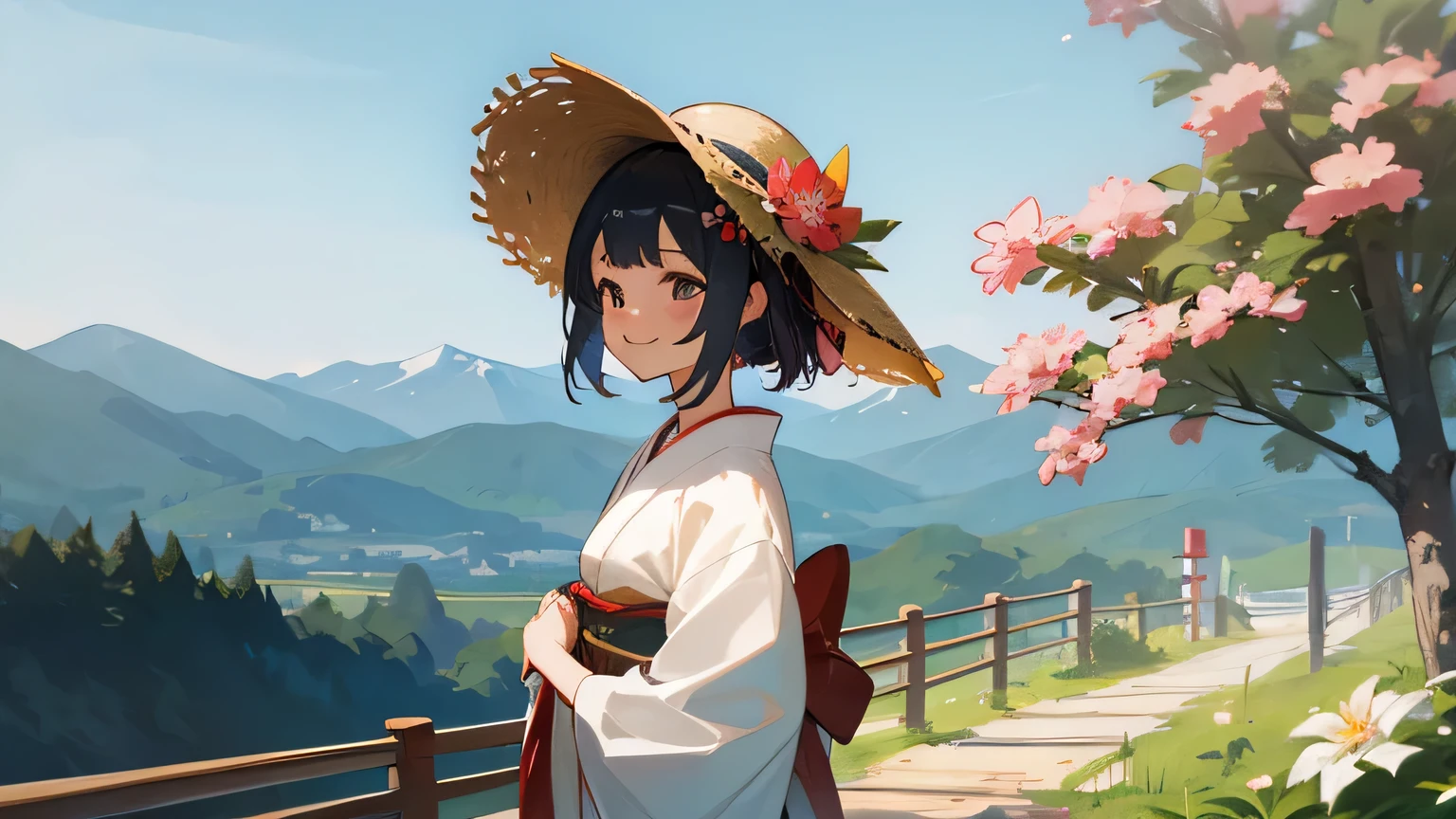 summer,mountain,nature,smile,kimono,japanese girl,straw hat,flower