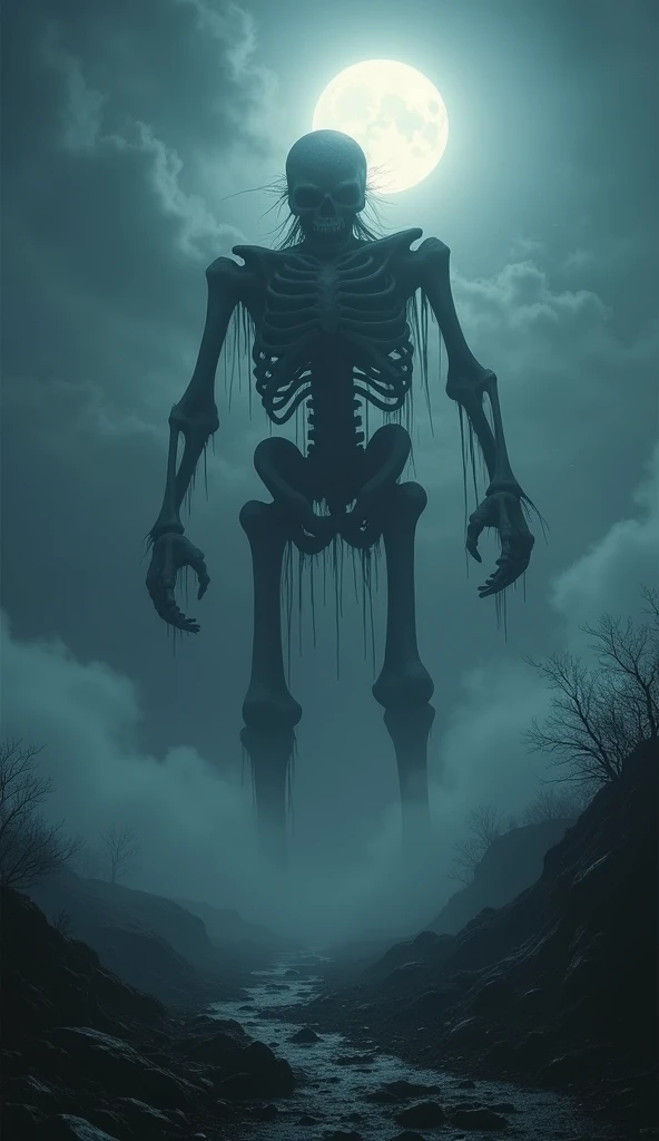 Create an image of Gashadokuro, the giant skeletal yōkai, rising from the ground. Depict the colossal ghost silently emerging in the darkness of the night, exuding an aura of terror. The scene should highlight the contrast between the dark surroundings and the eerie whiteness of Gashadokuro’s bones.Cinematic lighting、Ultra-realistic video、4K、8k