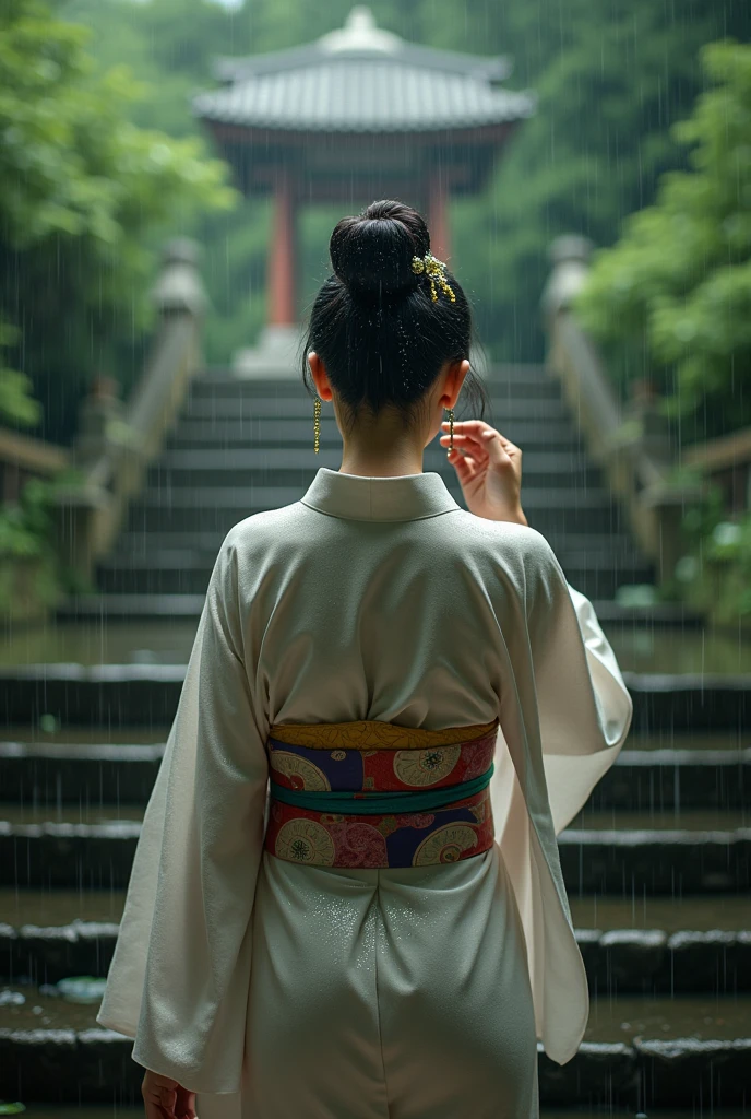 Highest quality, Realistic, Very detailed, finely, High resolution, 8k、Wear a wet kimono、Realistic Japan woman in a temple, Tie your hair、How to put on a hairpin、it's raining、Walking up the stairs