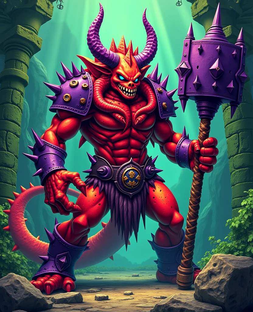 kraken warrior,vivid red and red-orange with dark red speckles,covered in purple spikes and horns,giant spiked purple hammer,green ruins in tentacles,masterpiece,best quality,retro arcade art style