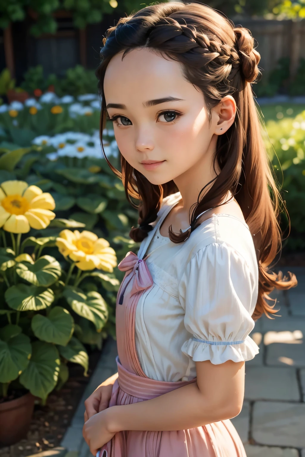 Photorealistic、(smile、hairpin、A hairstyle that reveals a large forehead、A hairstyle parted in the middle、No sleeve)、Taking a walk through a garden where morning glories are blooming.、Morning Dew