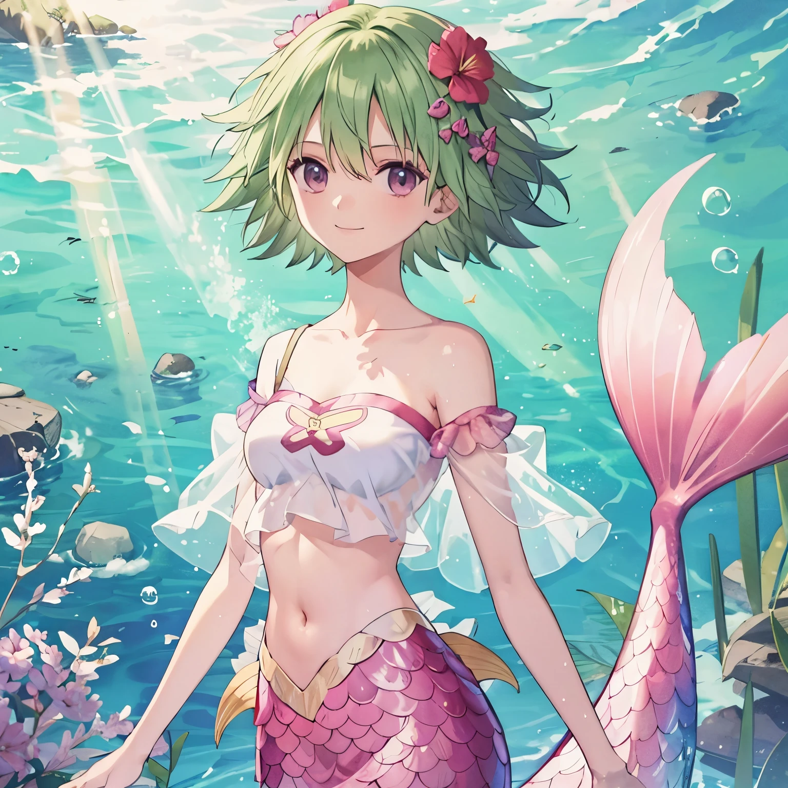 mermaid,camie,short hair,green hair,crop top, raglan sleeves, short sleeves,smile