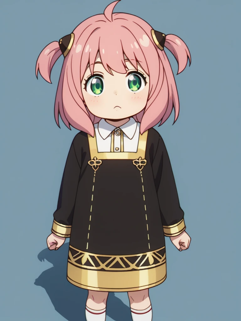 score_6_up, score_7_up, score_8_up, score_9, masterpiece, perfect face, perfect hands, high quality, anya forger, anya forger, bangs, green eyes, pink hair, ahoge, hair ornament, hairpods, child, female child, long sleeves, dress, school uniform, socks, black dress, eden academy school uniform,