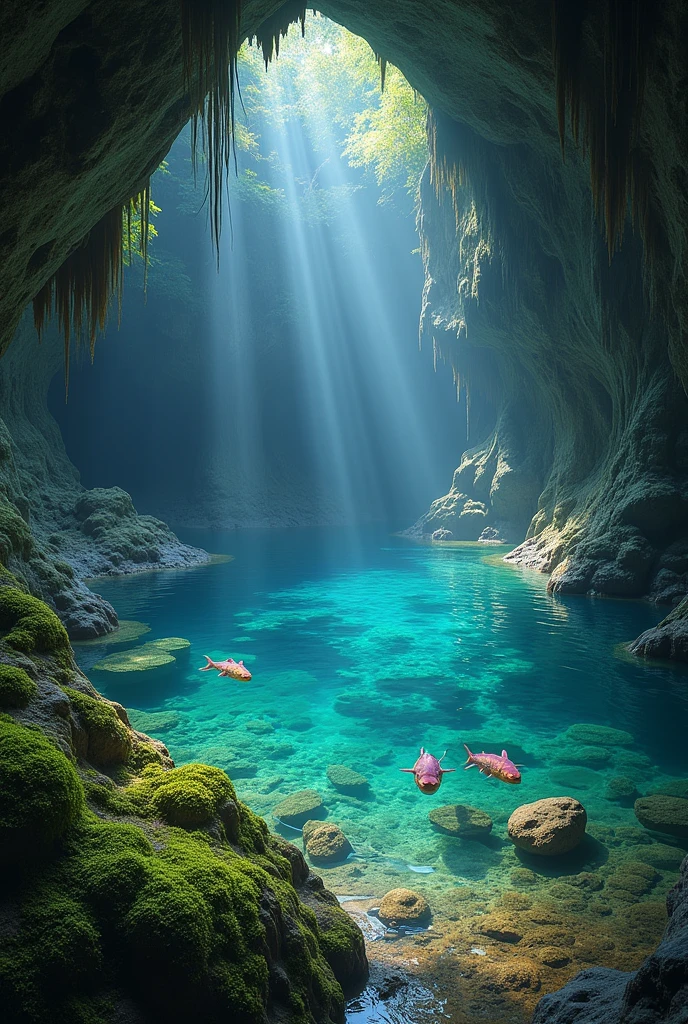 A cave with a beautiful lake with axolotls