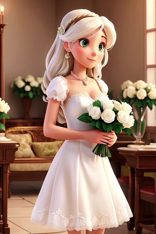 Beautiful woman with a bouquet of white roses