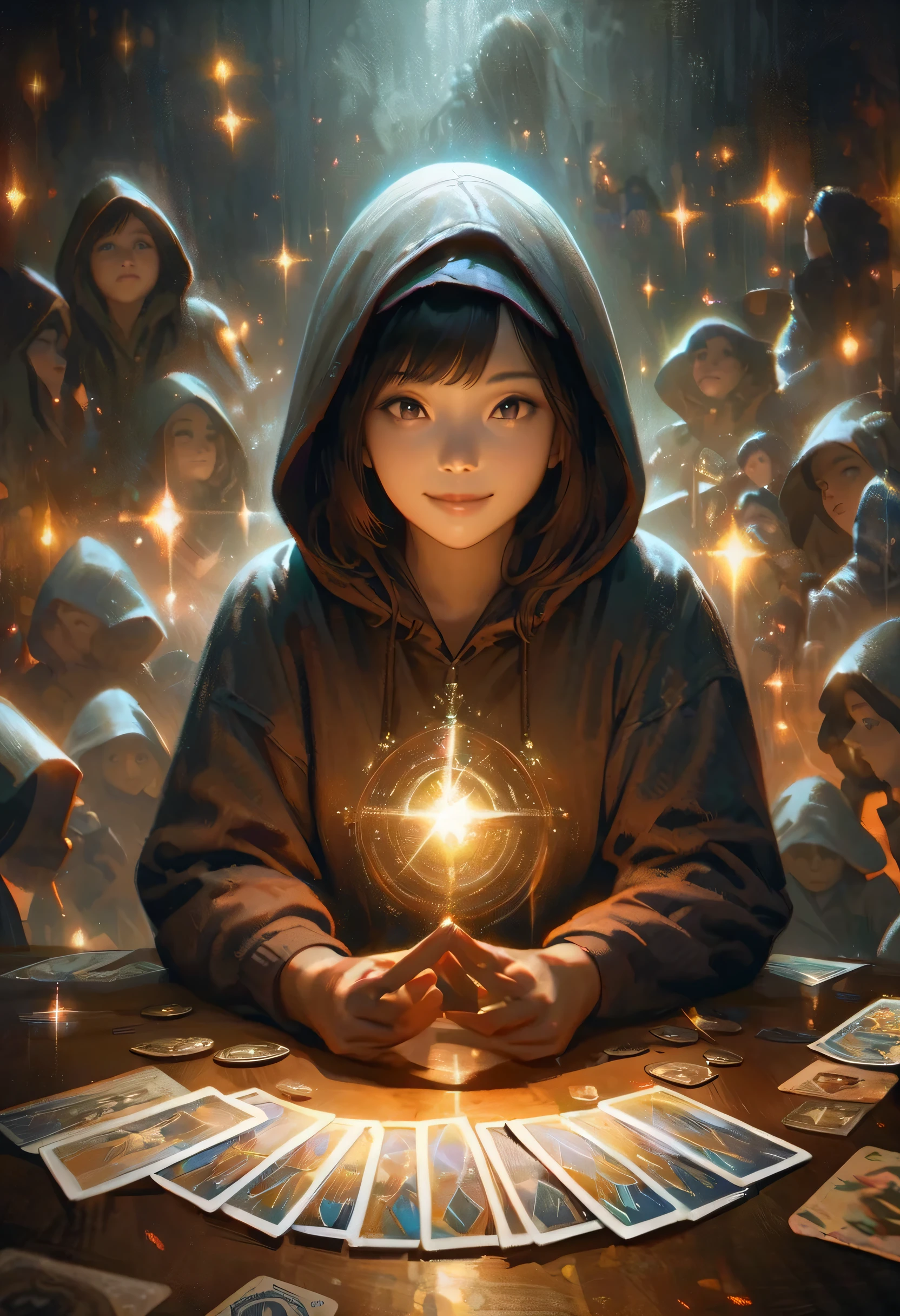 Impressionist painting, Realistic, A young Asian woman with a smile, wearing a hoodie,, fortune teller, tarot cards and crystals on a table., View your audience, mysterious, magic, Shine, Shineing, dark magic lighting, Sulky, Cinematic, Shine, Sparkling, darkness