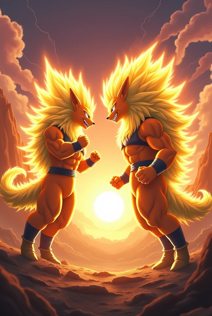 Draw a picture of Cheems as a Super Saiyan and Doge as a Super Saiyan, but make it like the final scene of Goku and Vegeta in the Broly saga where they almost hit each other but the credits roll.